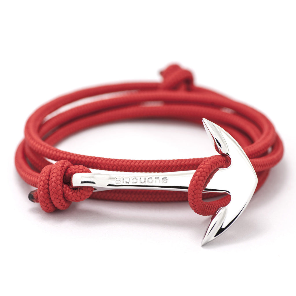 Silver Anchor On Solid Red Rope Bracelet - BIJOUONE