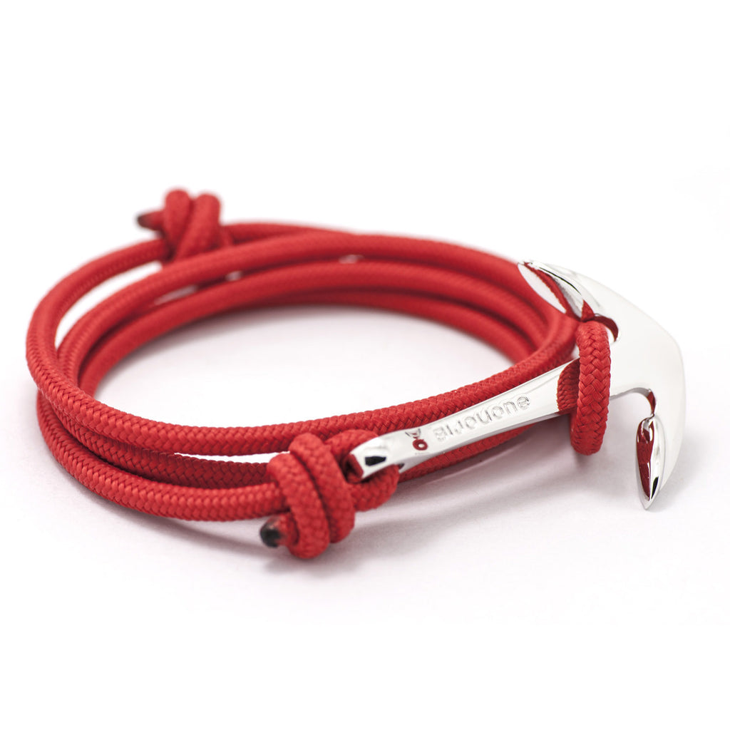 Silver Anchor On Solid Red Rope Bracelet - BIJOUONE