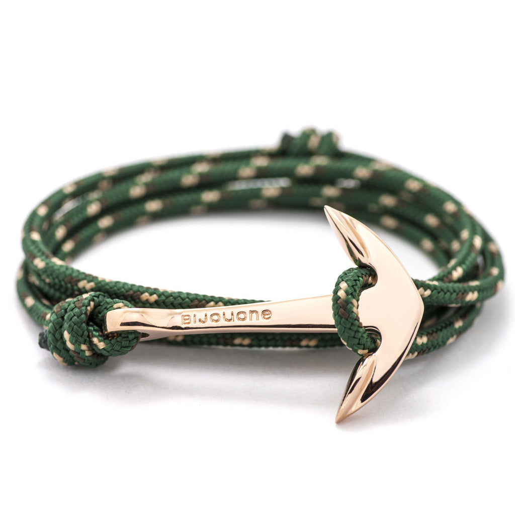 Rose Gold Anchor On Hunter Green Rope Bracelet - BIJOUONE