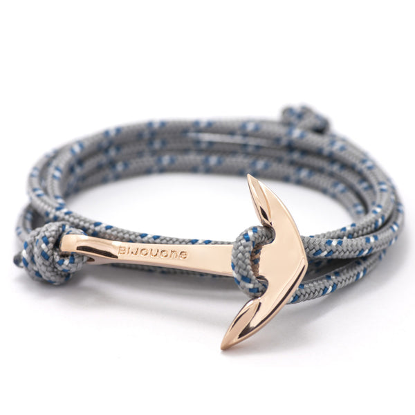 Rose Gold Anchor On Gray & Blue Rope Bracelet - BIJOUONE