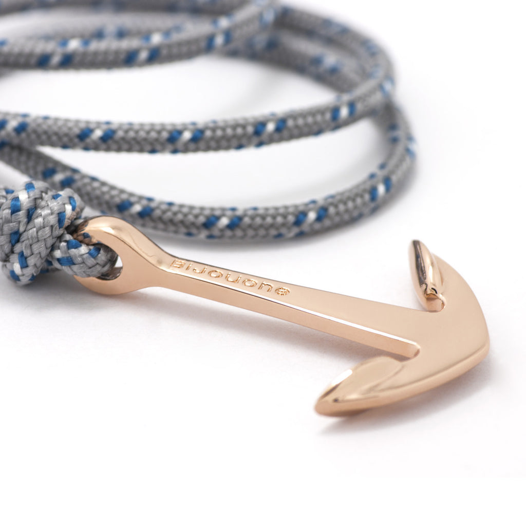 Rose Gold Anchor On Gray & Blue Rope Bracelet - BIJOUONE