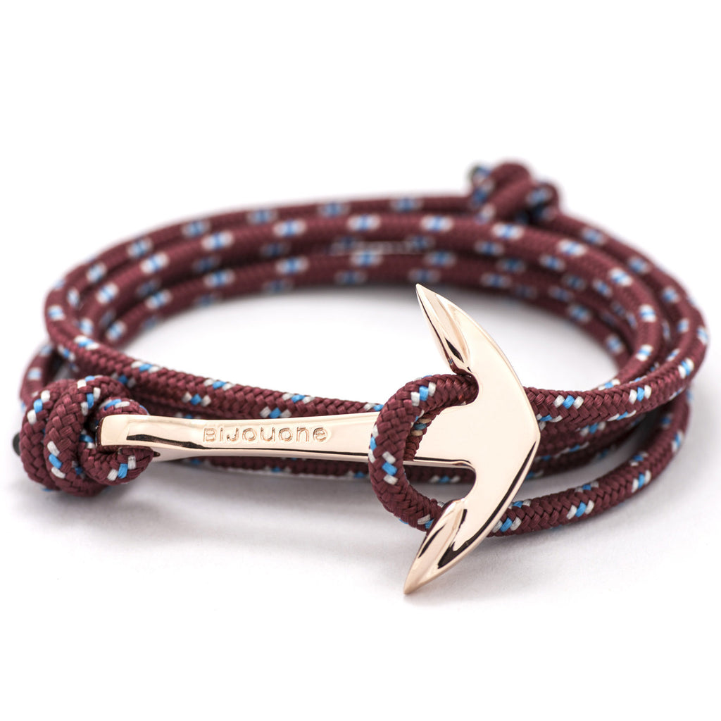 Rose Gold Anchor On Burgundy Rope Bracelet - BIJOUONE
