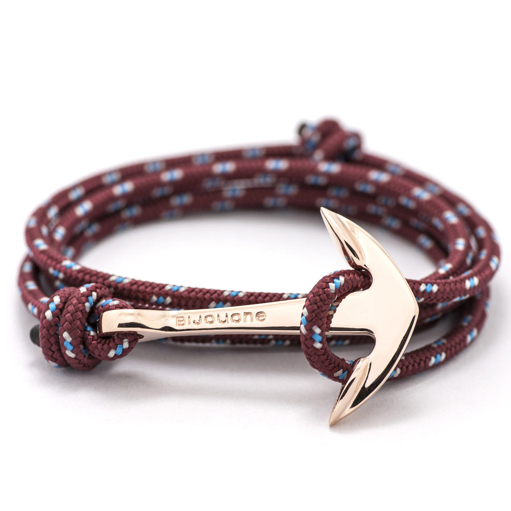Rose Gold Anchor On Burgundy Rope Bracelet - BIJOUONE
