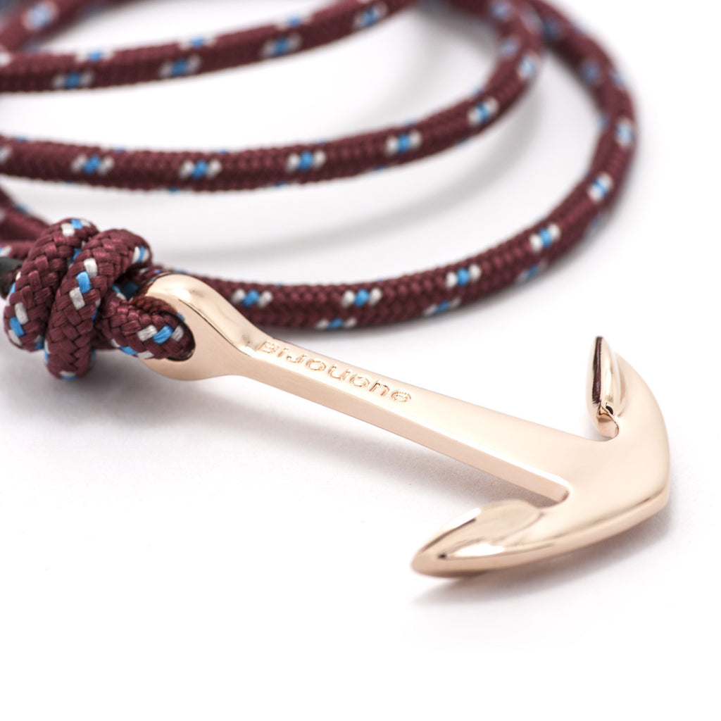 Rose Gold Anchor On Burgundy Rope Bracelet - BIJOUONE