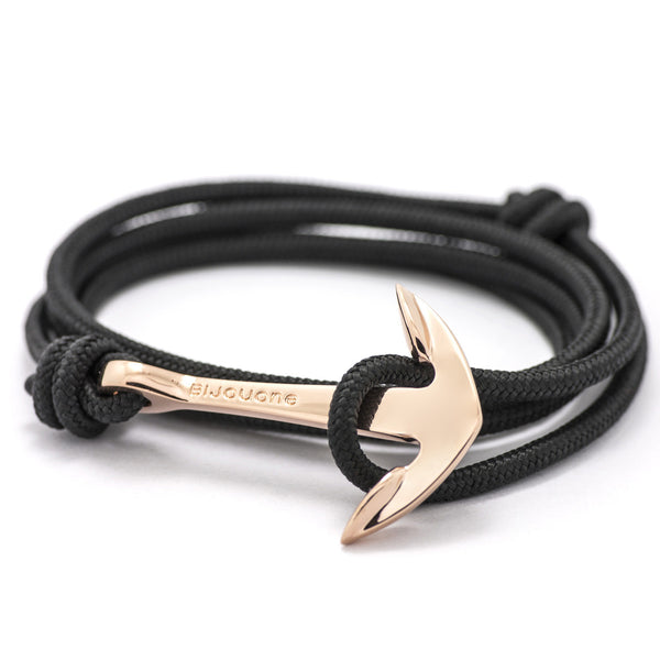 Rose Gold Anchor On Solid Black Rope Bracelet - BIJOUONE