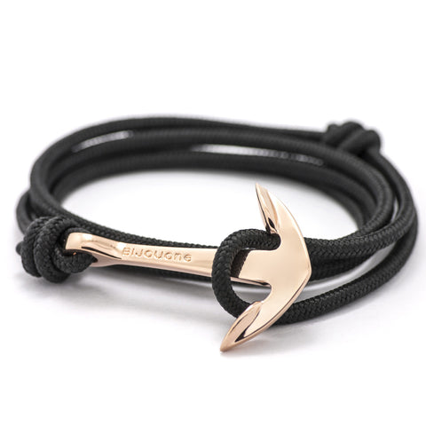 Rose Gold Anchor On Solid Black Rope Bracelet - BIJOUONE