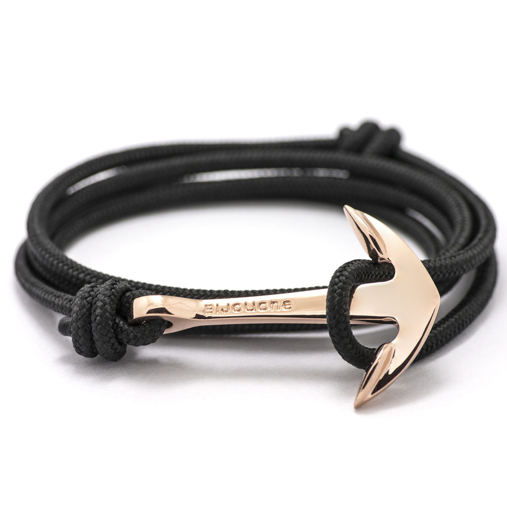 Rose Gold Anchor On Solid Black Rope Bracelet - BIJOUONE