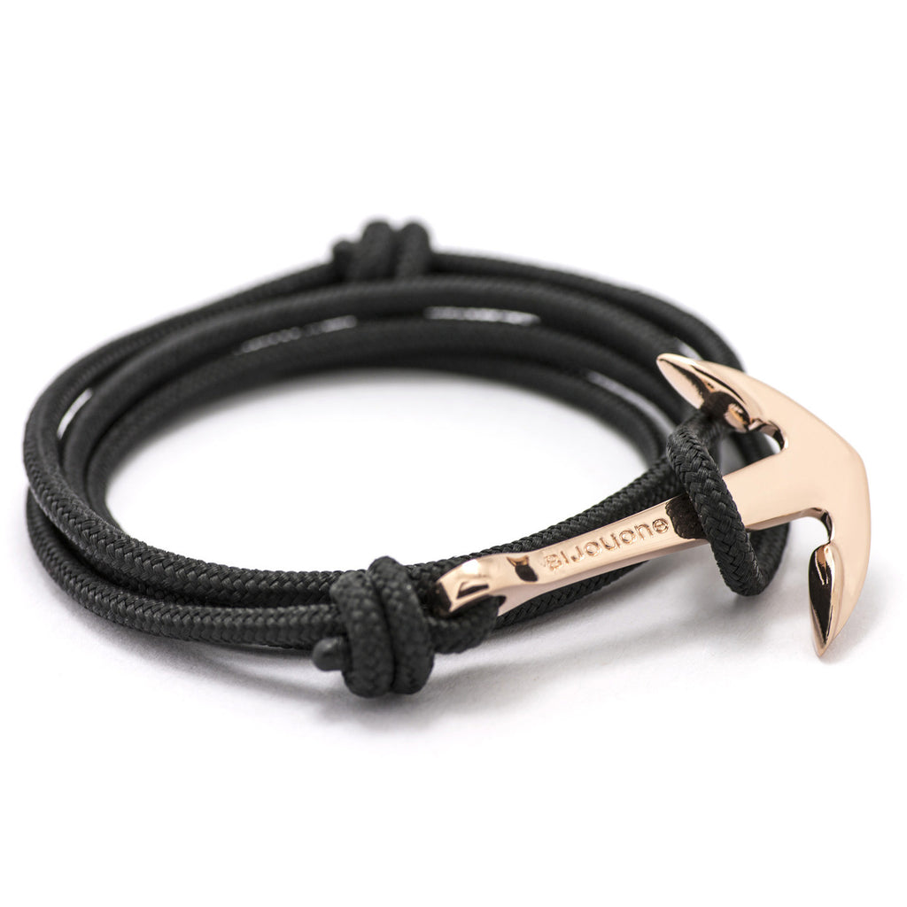 Rose Gold Anchor On Solid Black Rope Bracelet - BIJOUONE