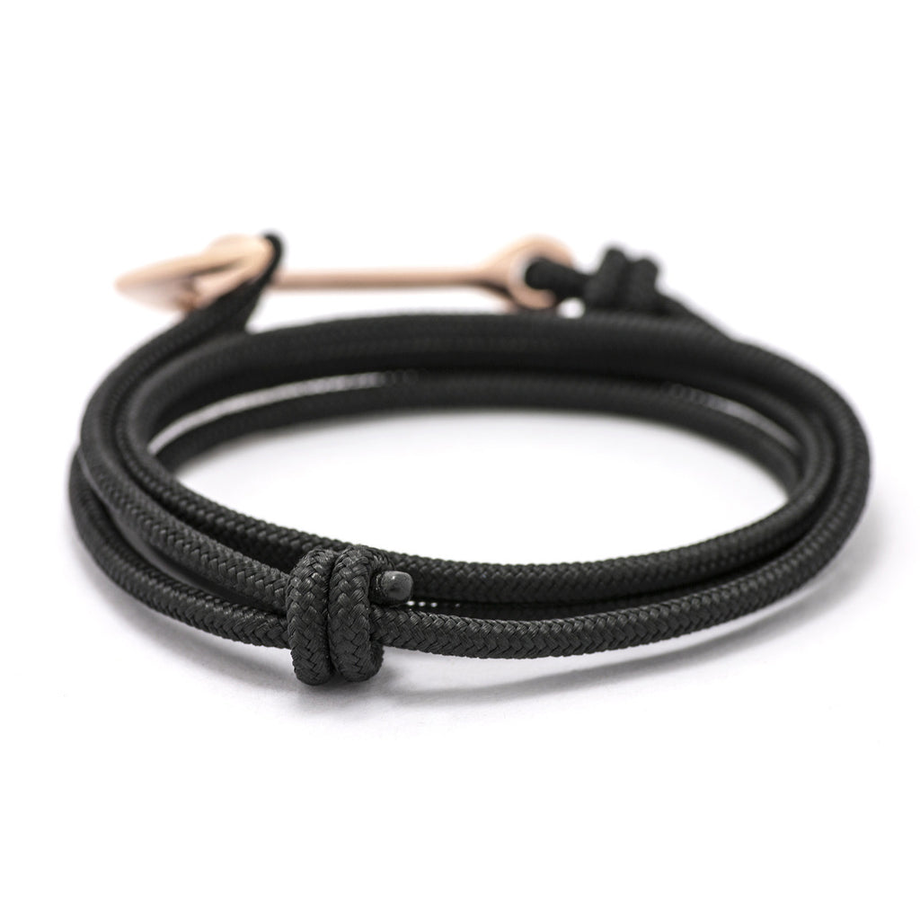 Rose Gold Anchor On Solid Black Rope Bracelet - BIJOUONE