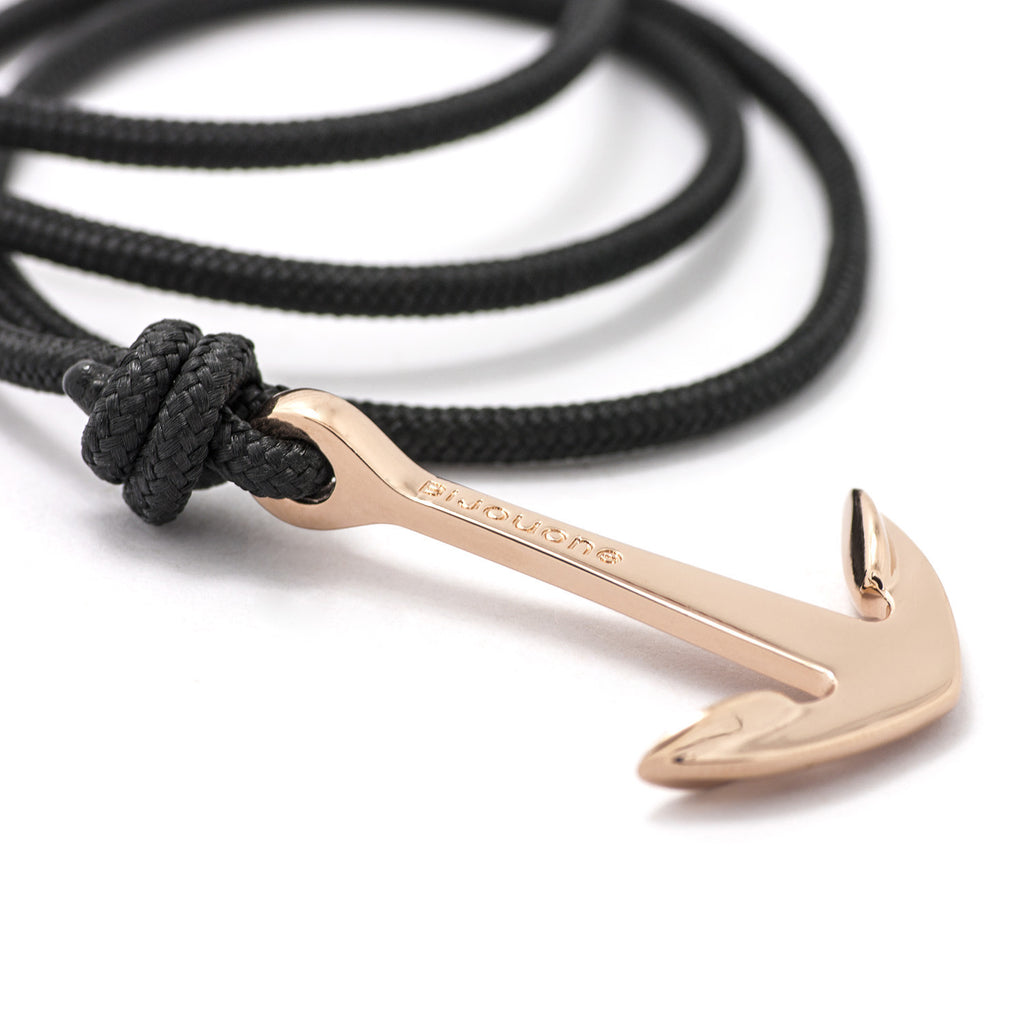 Rose Gold Anchor On Solid Black Rope Bracelet - BIJOUONE