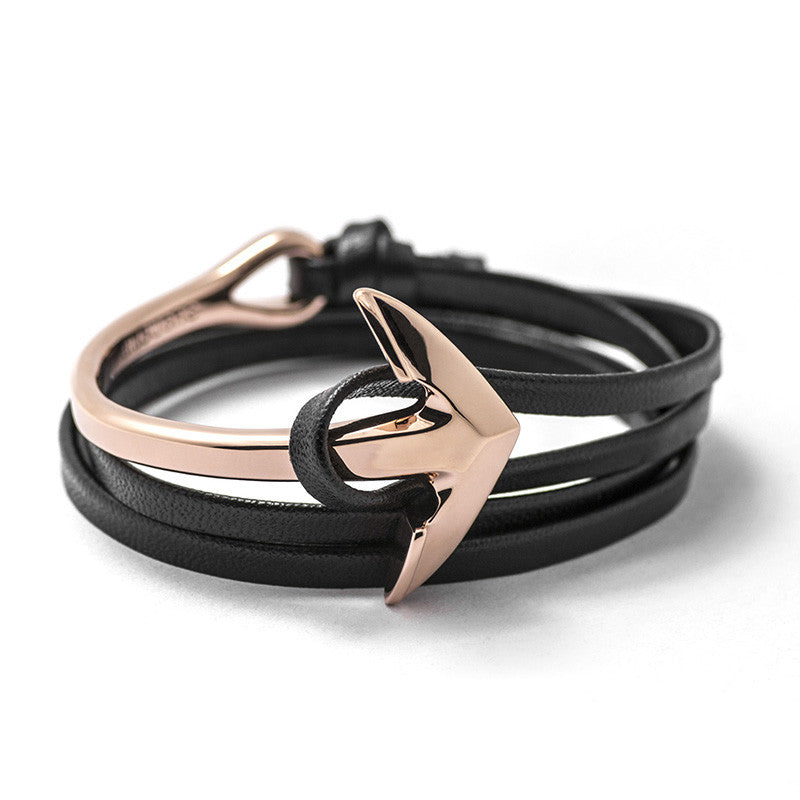 Rose Gold Anchor Half-cuff On Black Leather Bracelet - BIJOUONE