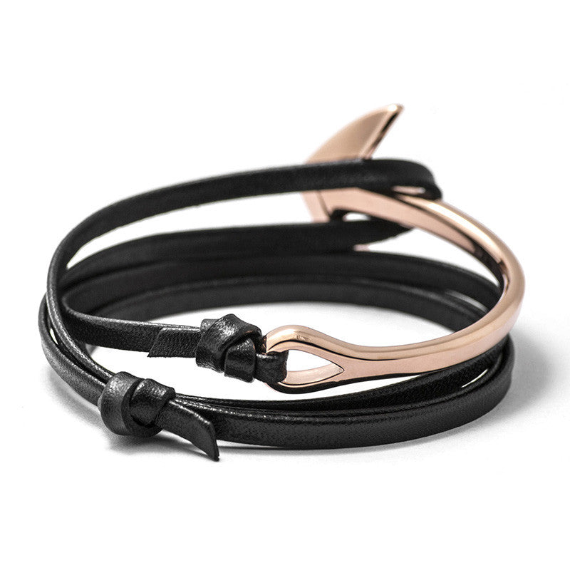 Rose Gold Anchor Half-cuff On Black Leather Bracelet - BIJOUONE