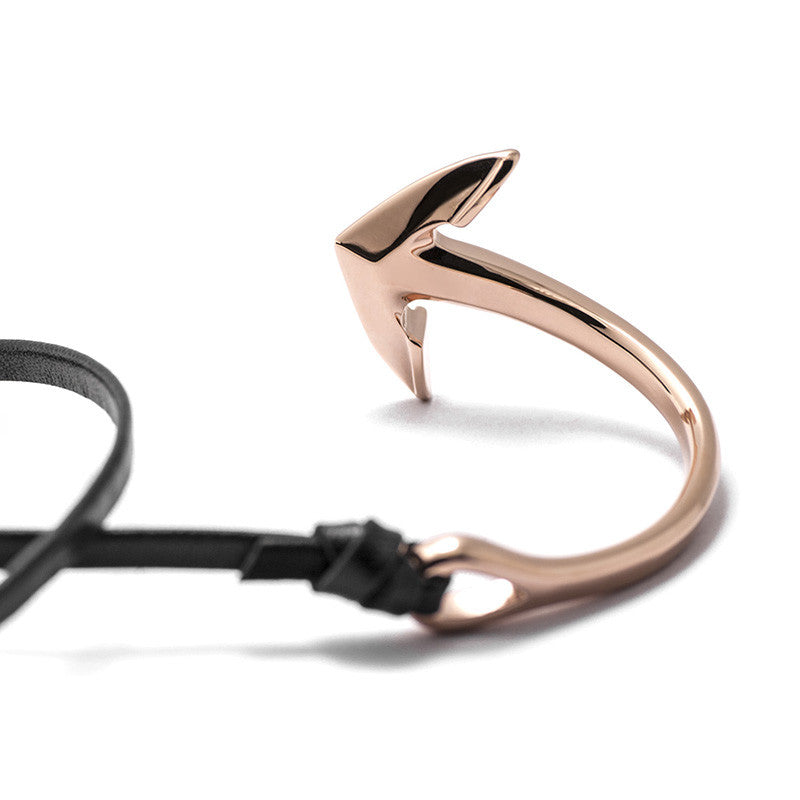 Rose Gold Anchor Half-cuff On Black Leather Bracelet - BIJOUONE