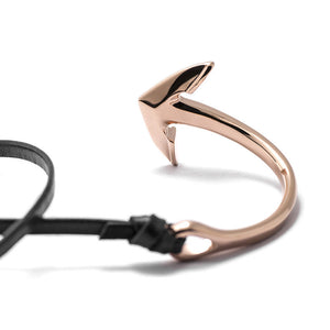 Rose Gold Anchor Half-cuff On Black Leather Bracelet - BIJOUONE