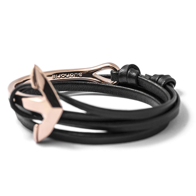 Rose Gold Anchor Half-cuff On Black Leather Bracelet - BIJOUONE