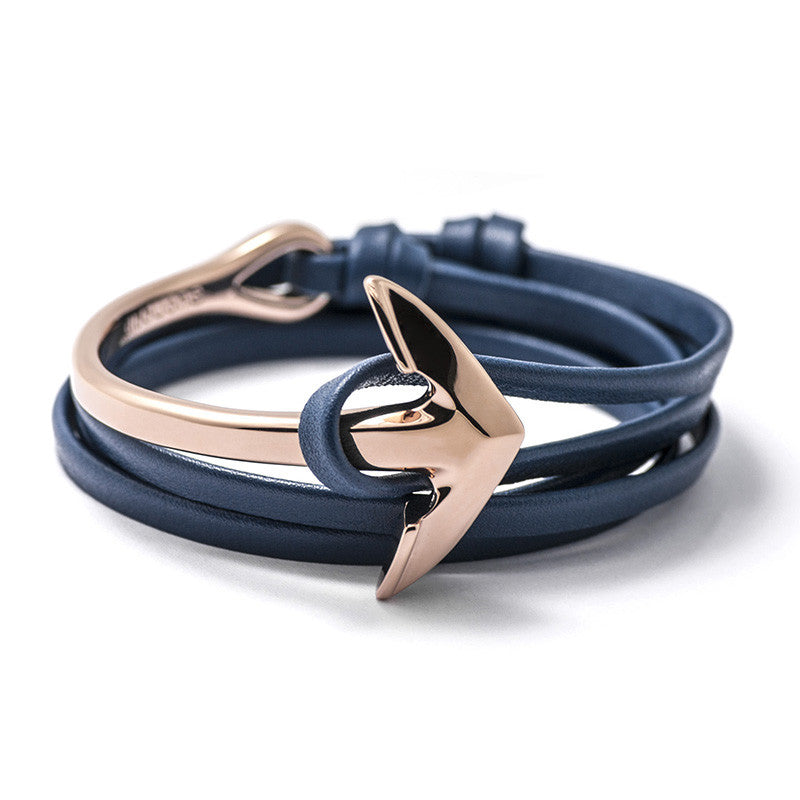 Rose Gold Anchor Half-cuff On Blue Leather Bracelet - BIJOUONE