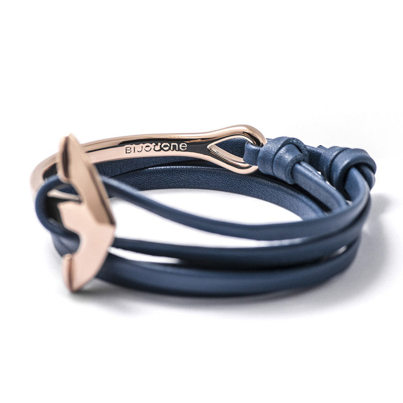 Rose Gold Anchor Half-cuff On Blue Leather Bracelet - BIJOUONE