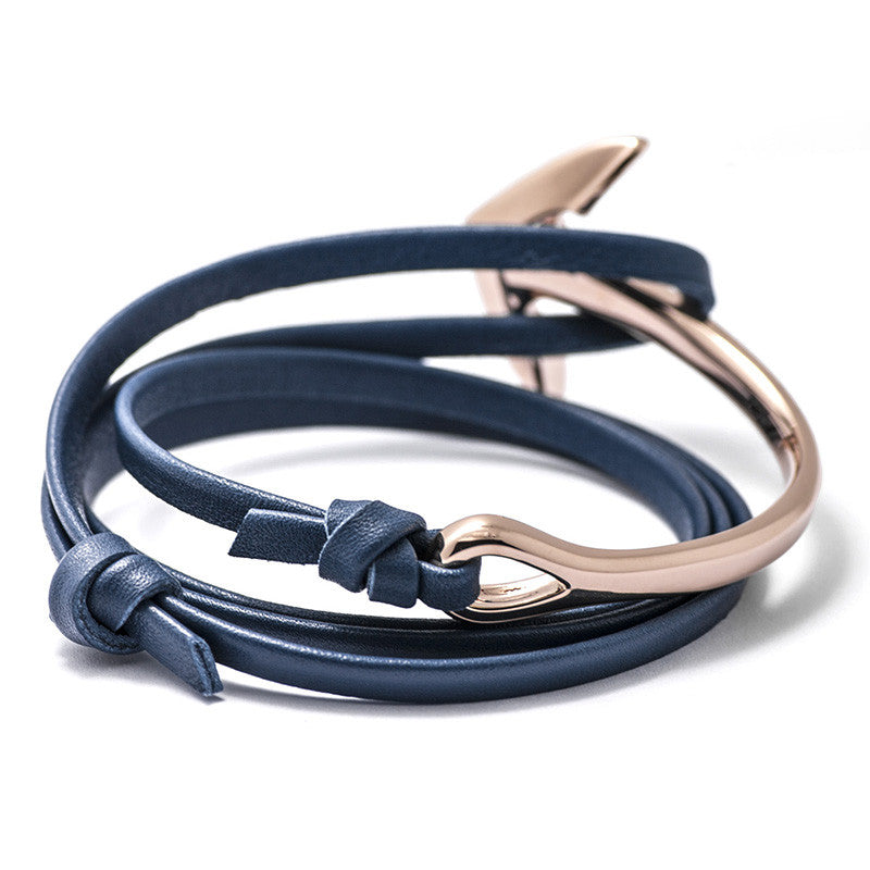 Rose Gold Anchor Half-cuff On Blue Leather Bracelet - BIJOUONE