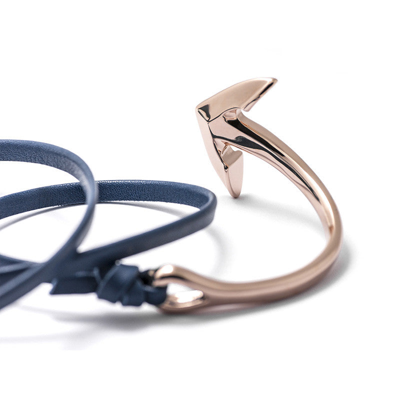 Rose Gold Anchor Half-cuff On Blue Leather Bracelet - BIJOUONE