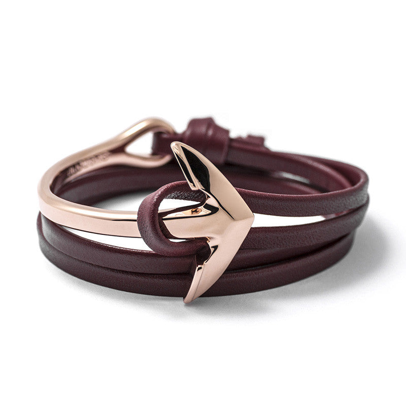 Rose Gold Anchor Half-cuff On Burgundy Leather Bracelet - BIJOUONE