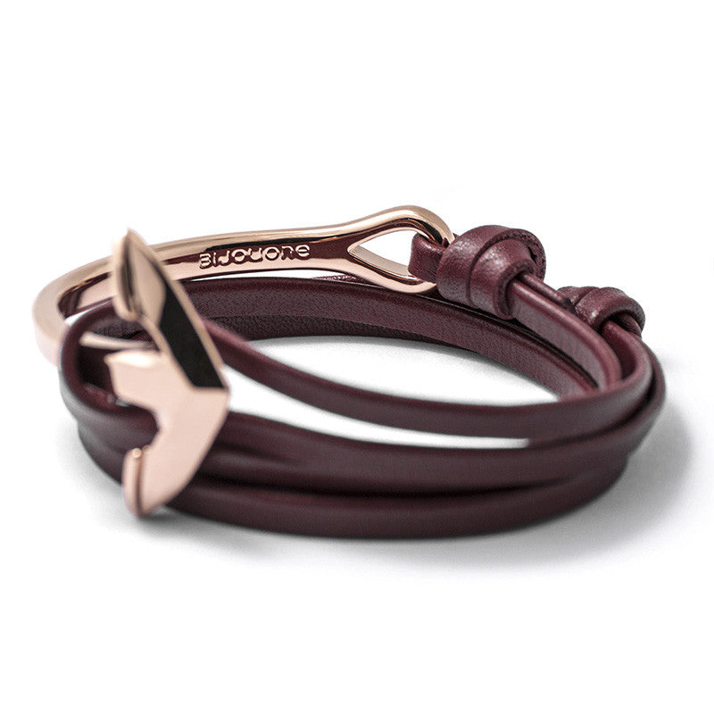 Rose Gold Anchor Half-cuff On Burgundy Leather Bracelet - BIJOUONE
