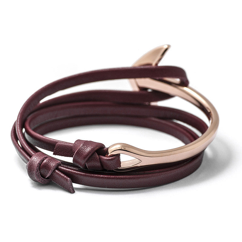 Rose Gold Anchor Half-cuff On Burgundy Leather Bracelet - BIJOUONE