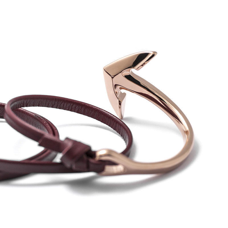 Rose Gold Anchor Half-cuff On Burgundy Leather Bracelet - BIJOUONE