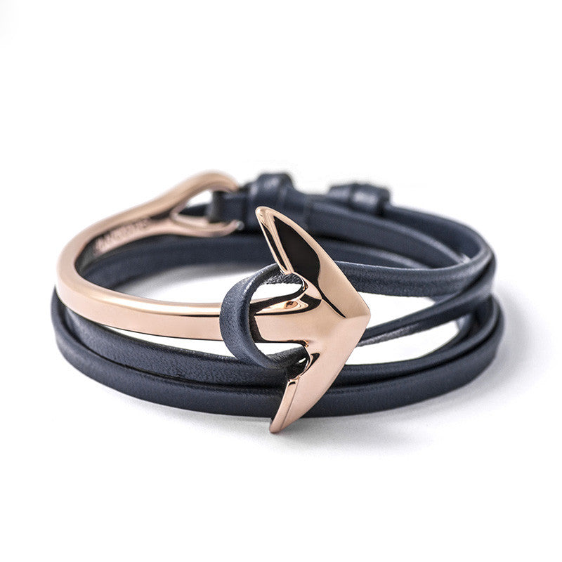 Rose Gold Anchor Half-cuff On Navy Leather Bracelet - BIJOUONE