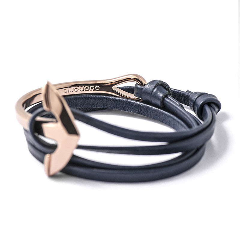 Rose Gold Anchor Half-cuff On Navy Leather Bracelet - BIJOUONE