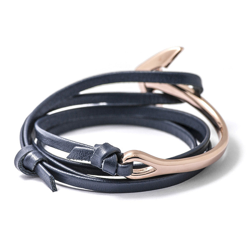 Rose Gold Anchor Half-cuff On Navy Leather Bracelet - BIJOUONE