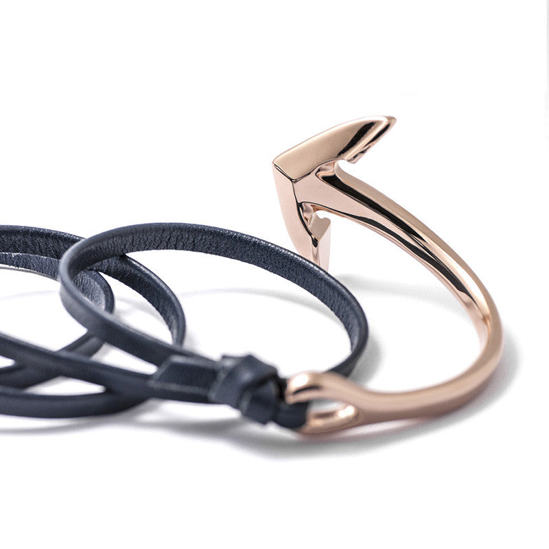 Rose Gold Anchor Half-cuff On Navy Leather Bracelet - BIJOUONE