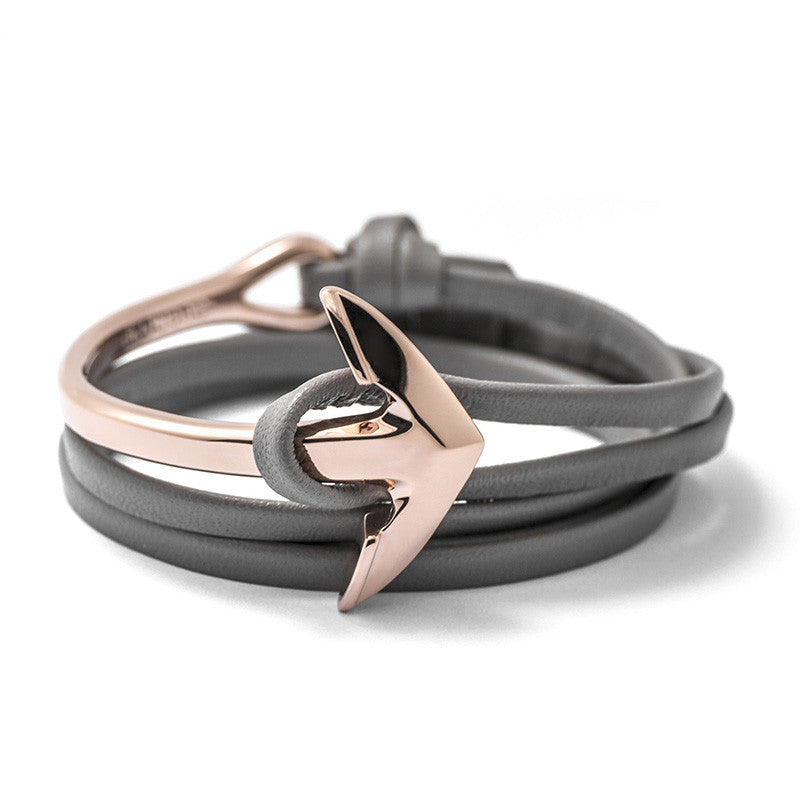 Rose Gold Anchor Half-cuff On Gray Leather Bracelet - BIJOUONE