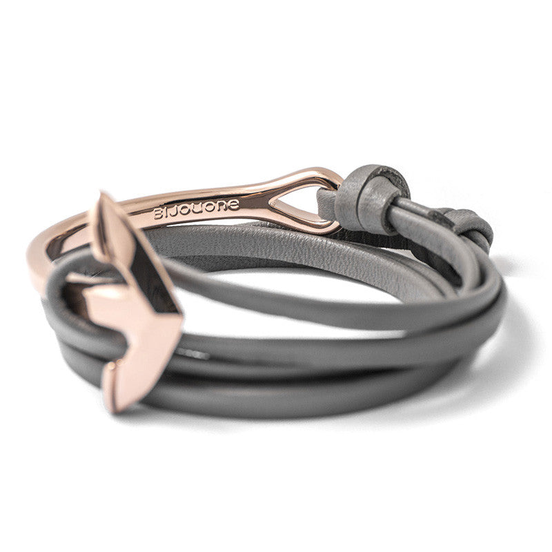 Rose Gold Anchor Half-cuff On Gray Leather Bracelet - BIJOUONE