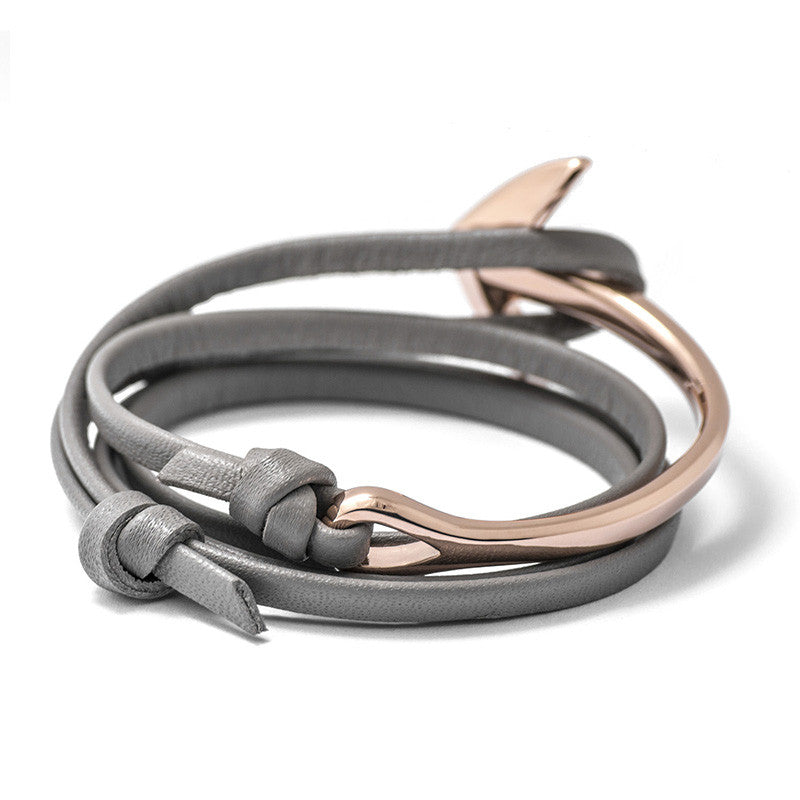 Rose Gold Anchor Half-cuff On Gray Leather Bracelet - BIJOUONE