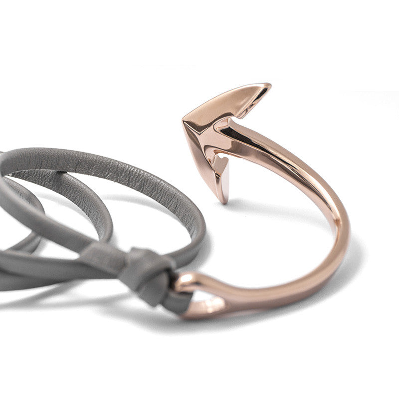 Rose Gold Anchor Half-cuff On Gray Leather Bracelet - BIJOUONE