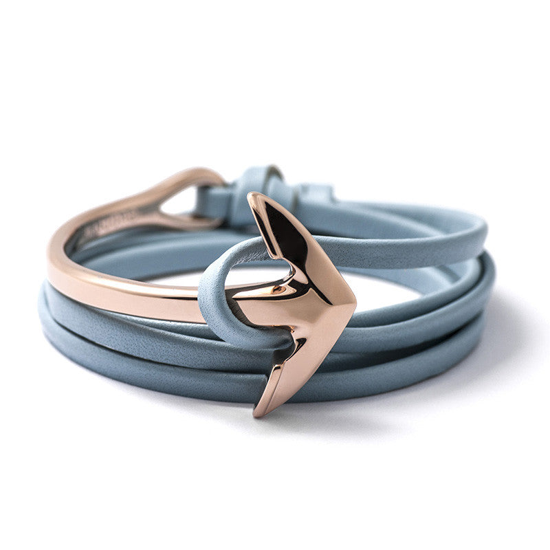 Rose Gold Anchor Half-cuff On Baby Blue Leather Bracelet - BIJOUONE