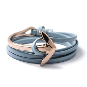 Rose Gold Anchor Half-cuff On Baby Blue Leather Bracelet - BIJOUONE