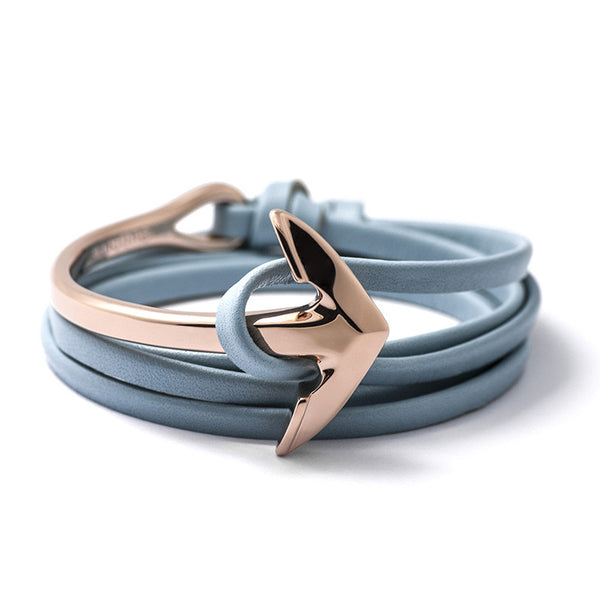 Rose Gold Anchor Half-cuff On Baby Blue Leather Bracelet - BIJOUONE