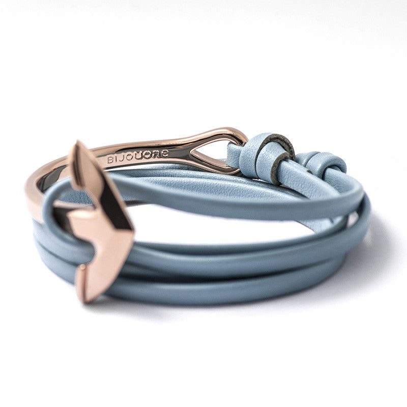 Rose Gold Anchor Half-cuff On Baby Blue Leather Bracelet - BIJOUONE