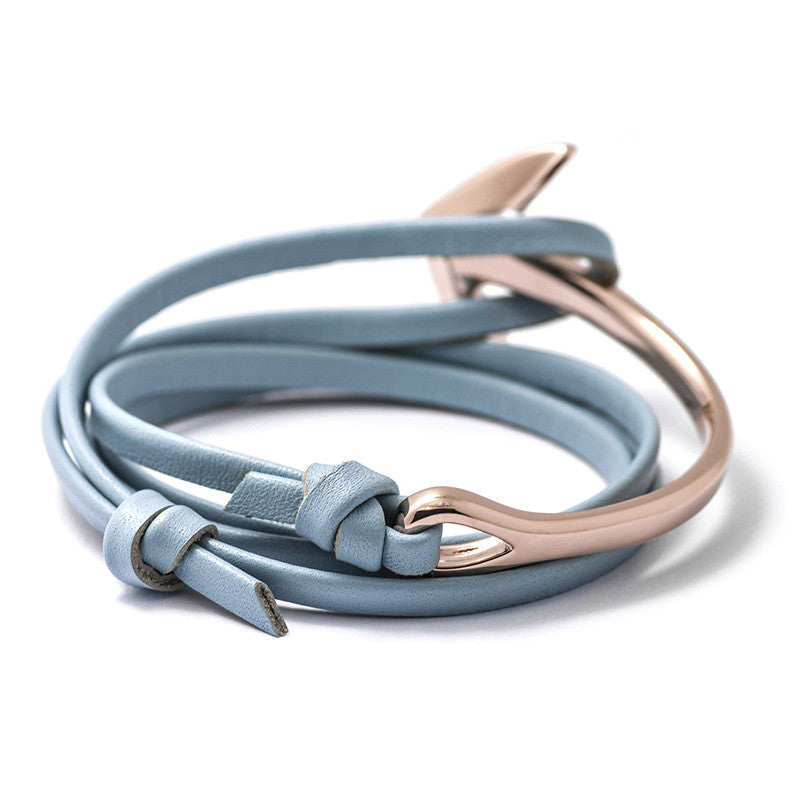 Rose Gold Anchor Half-cuff On Baby Blue Leather Bracelet - BIJOUONE