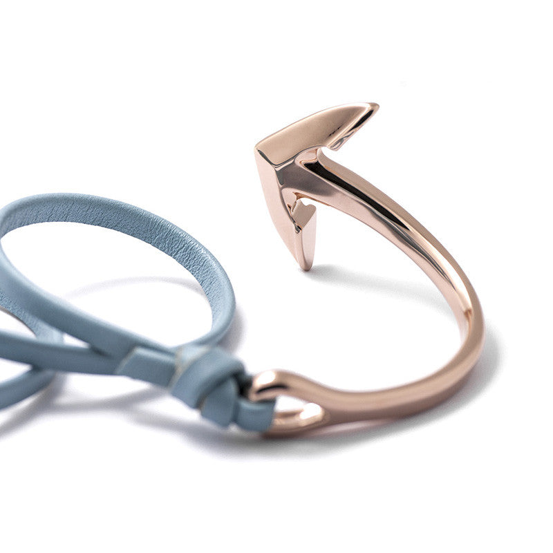 Rose Gold Anchor Half-cuff On Baby Blue Leather Bracelet - BIJOUONE