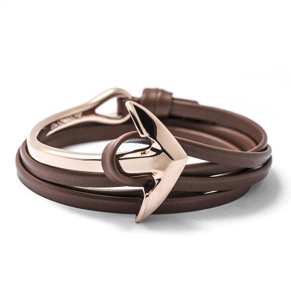 Rose Gold Anchor Half-cuff On Brown Leather Bracelet - BIJOUONE