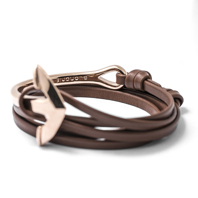 Rose Gold Anchor Half-cuff On Brown Leather Bracelet - BIJOUONE