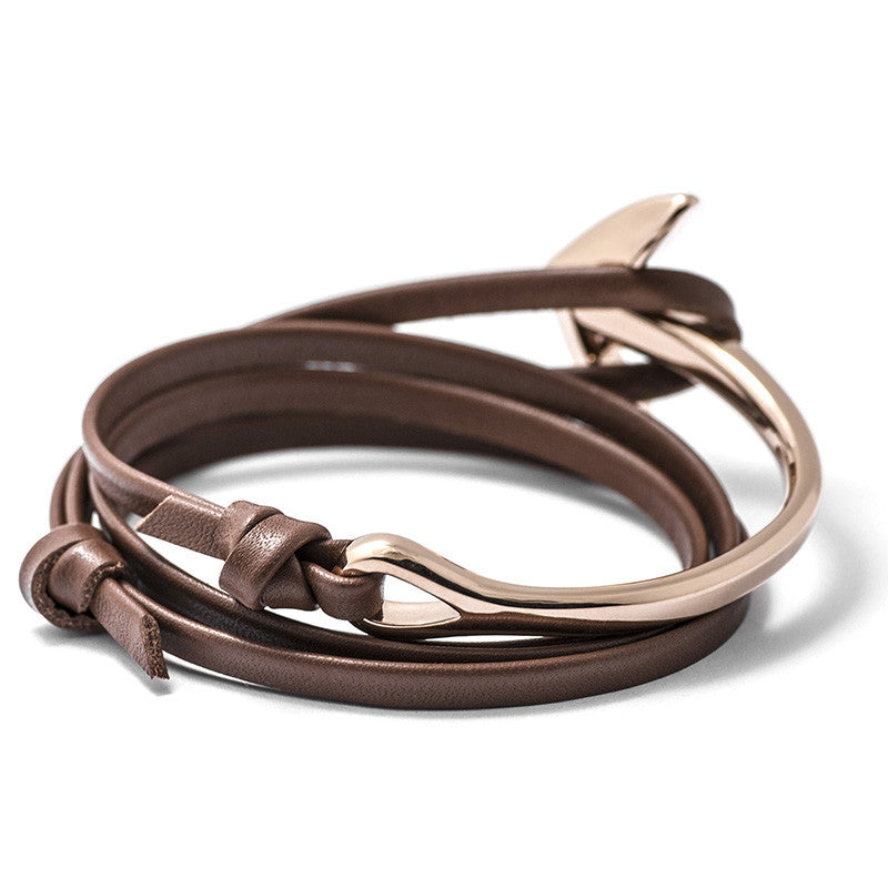 Rose Gold Anchor Half-cuff On Brown Leather Bracelet - BIJOUONE