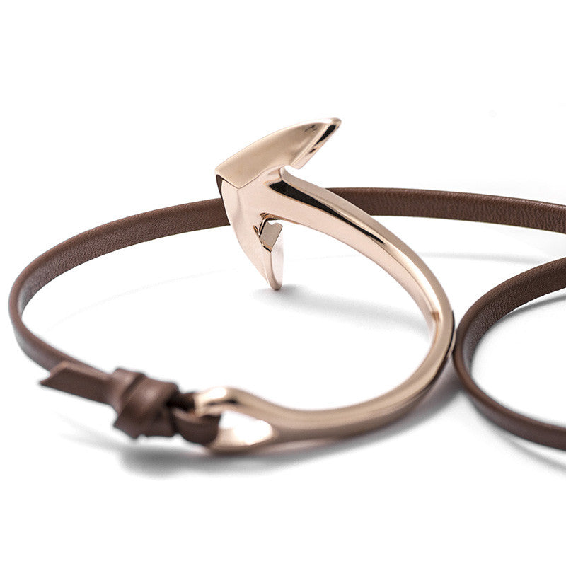 Rose Gold Anchor Half-cuff On Brown Leather Bracelet - BIJOUONE