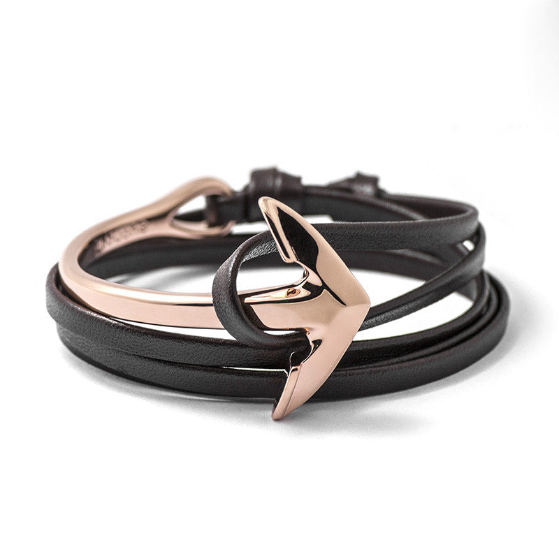 Rose Gold Anchor Half-cuff On Dark Coffee Leather Bracelet - BIJOUONE
