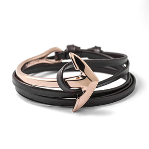Rose Gold Anchor Half-cuff On Dark Coffee Leather Bracelet - BIJOUONE