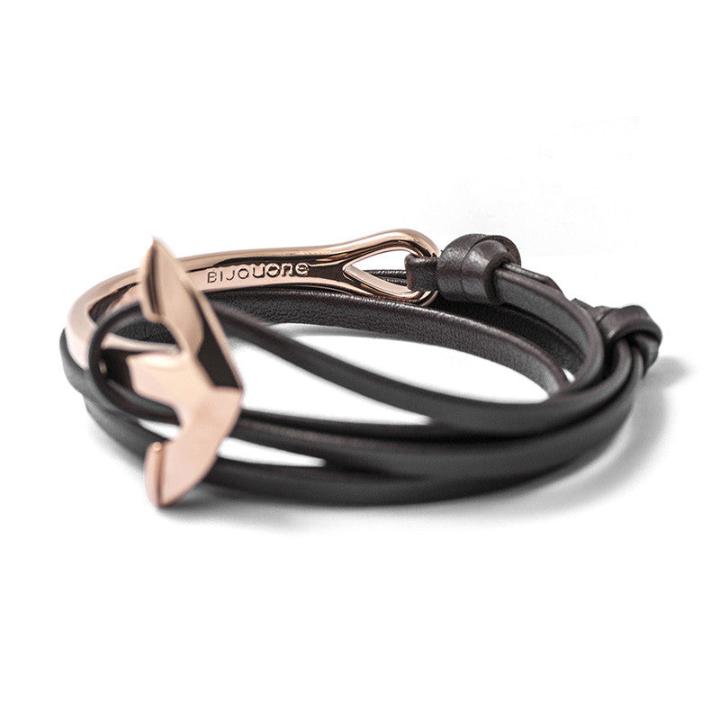 Rose Gold Anchor Half-cuff On Dark Coffee Leather Bracelet - BIJOUONE