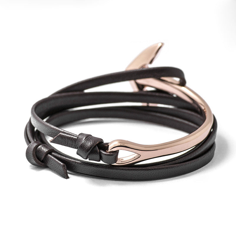 Rose Gold Anchor Half-cuff On Dark Coffee Leather Bracelet - BIJOUONE