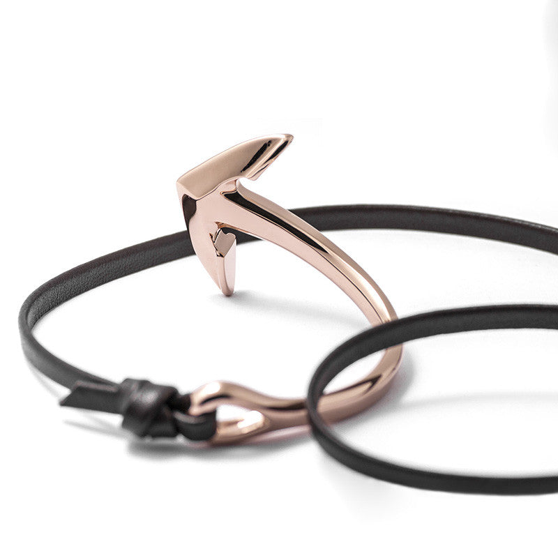 Rose Gold Anchor Half-cuff On Dark Coffee Leather Bracelet - BIJOUONE